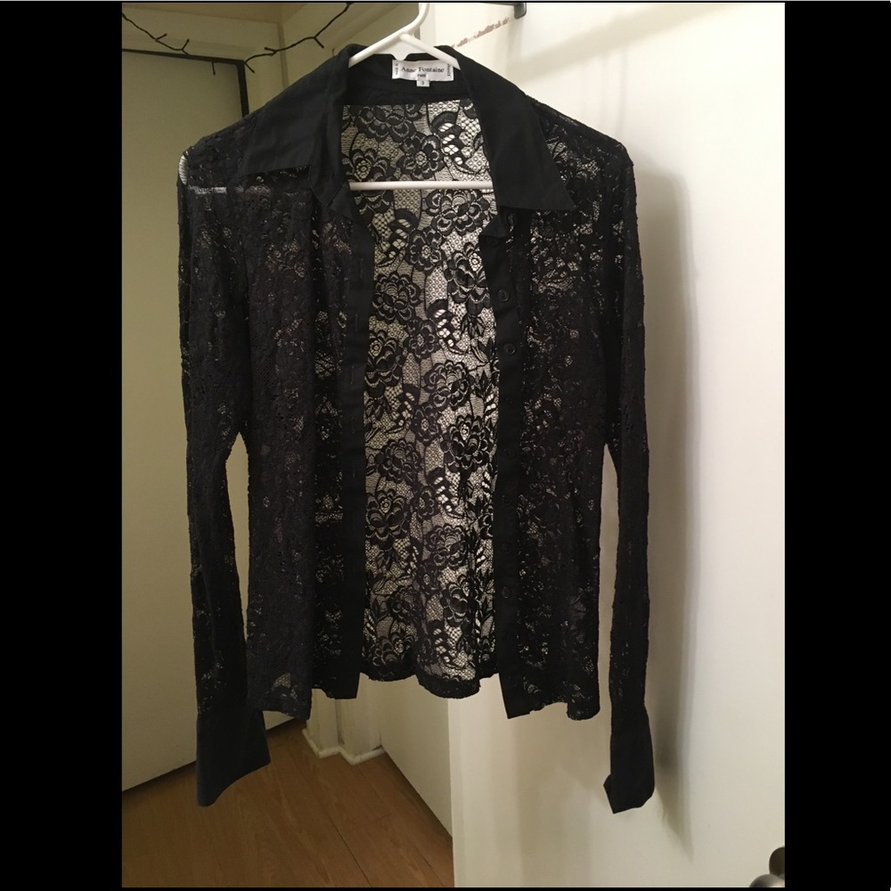 Ann Fontaine black lace button-up collared shirt